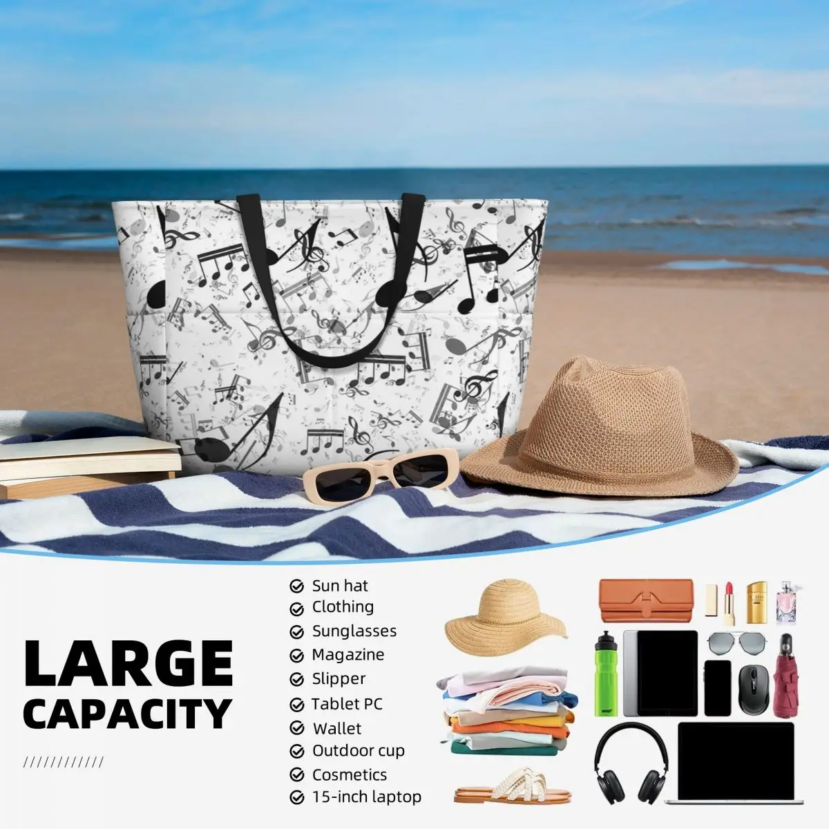 Bass Music Notes Beach Tote Ba - đánh giá và giá Yoga Fitness Music